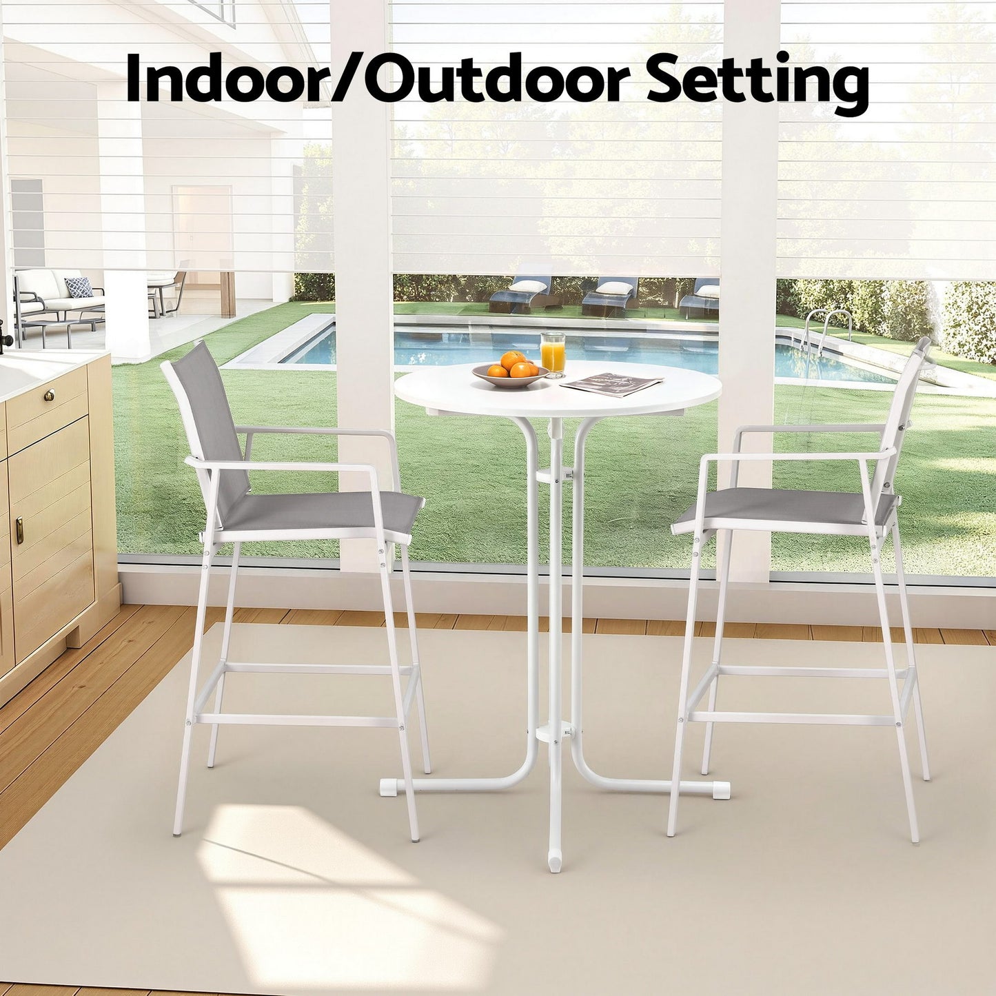 TWSC 3PC Outdoor Bar Set Stools Dining Chairs Table Patio Furniture Bistro Set Steel White