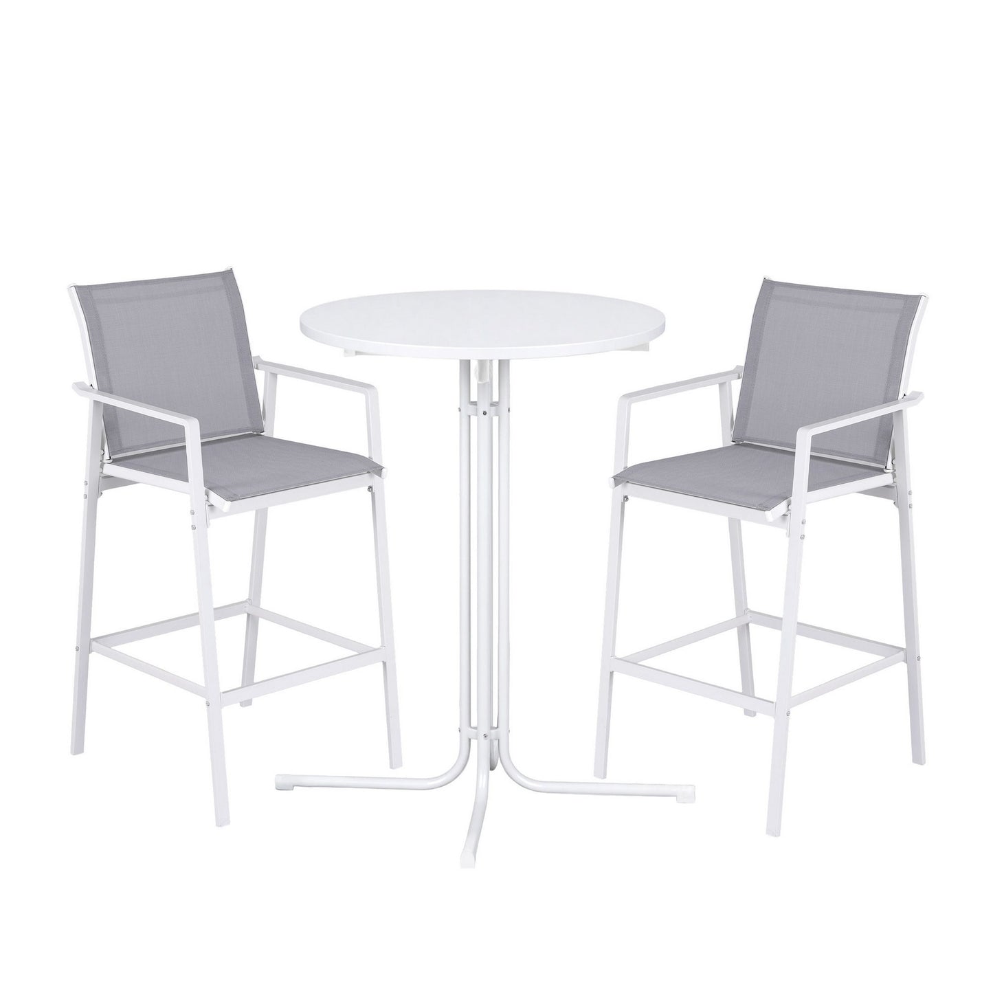 TWSC 3PC Outdoor Bar Set Stools Dining Chairs Table Patio Furniture Bistro Set Steel White