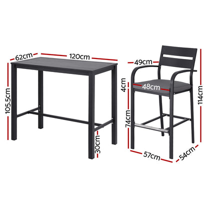 Gardeon 5-piece outdoor bar set with dark grey aluminum frame and seating for patio dining, including bar table and chairs.