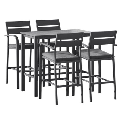 Gardeon outdoor 5-piece patio dining set with aluminum frame and dark grey finish, including table and four chairs for outdoor dining.
