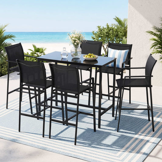 TWSC 7PCS Outdoor Bar Set Stools Dining Chairs Table Patio Steel Bistro Set Black