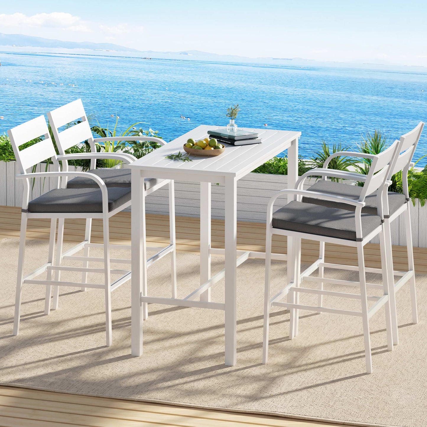 Outdoor Bar Set – Aluminium Table with 4 Patio Dining Stools, White