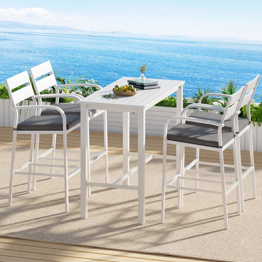 Outdoor Bar Set – Aluminium Table with 4 Patio Dining Stools, White