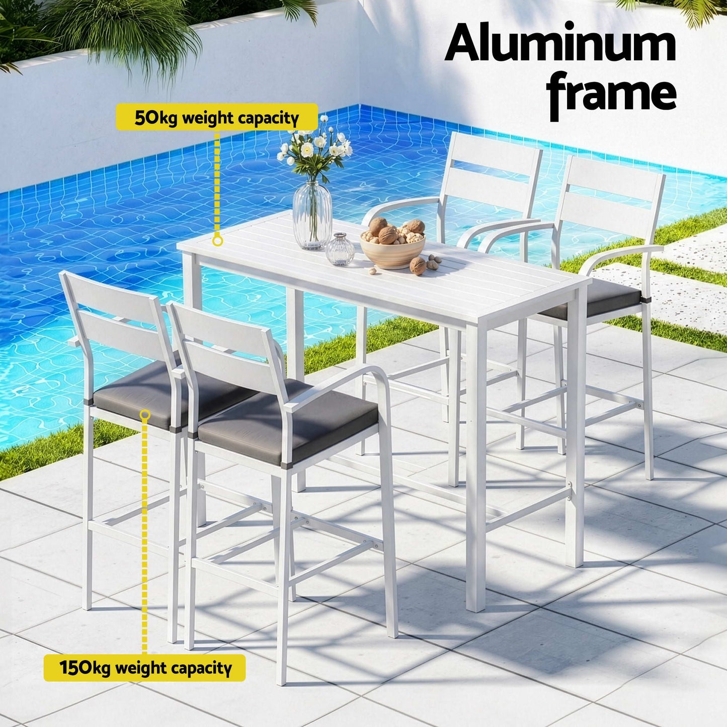 Outdoor Bar Set – Aluminium Table with 4 Patio Dining Stools, White
