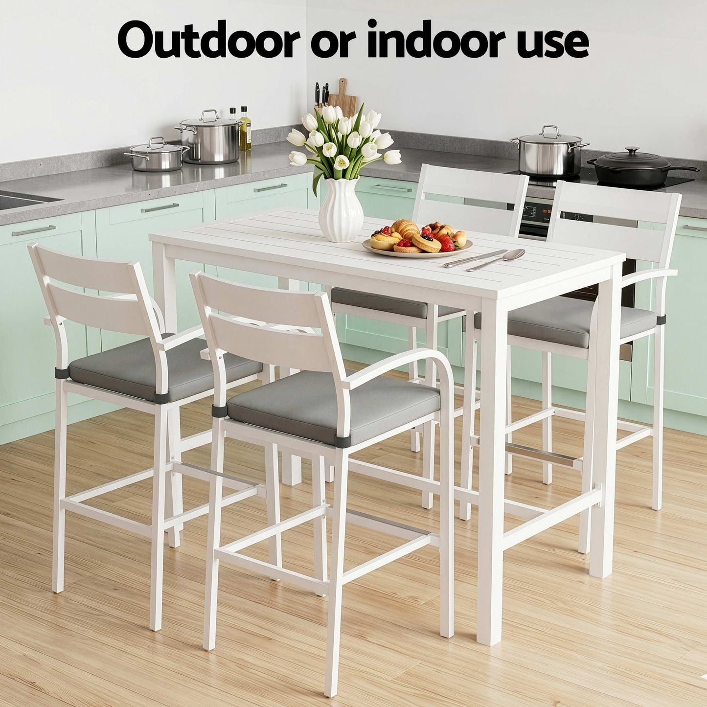 Outdoor Bar Set – Aluminium Table with 4 Patio Dining Stools, White