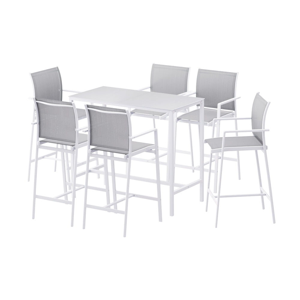7-Piece Outdoor Bar Set – Steel Frame, White Patio Bistro Table with Stools