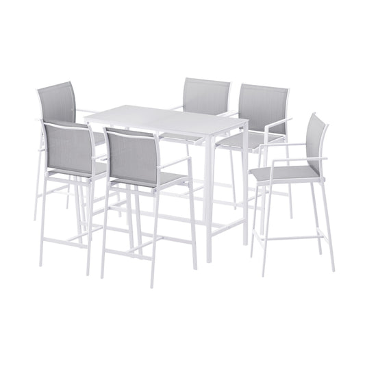 7-Piece Outdoor Bar Set – Steel Frame, White Patio Bistro Table with Stools