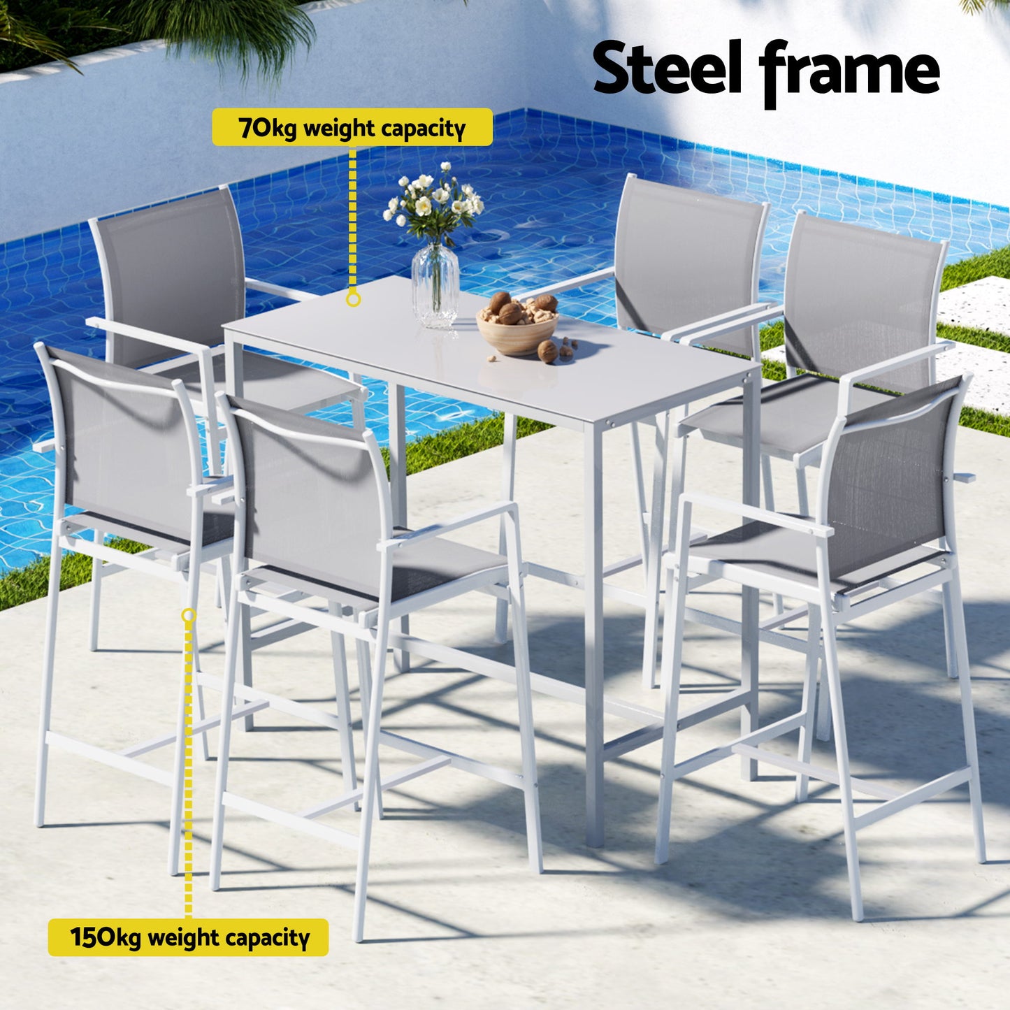 7-Piece Outdoor Bar Set – Steel Frame, White Patio Bistro Table with Stools