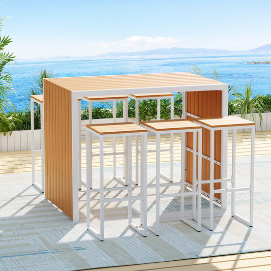 7-Piece Outdoor Bar Set – 6-Seater Patio Table and Chairs, Brown Powder-Coated Steel Frame