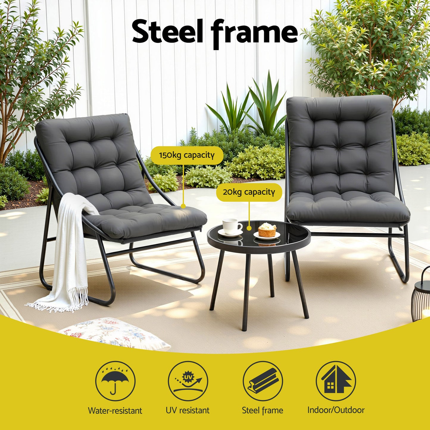Bistro Set – Steel Frame with Tempered Glass Table and Cushioned Chairs