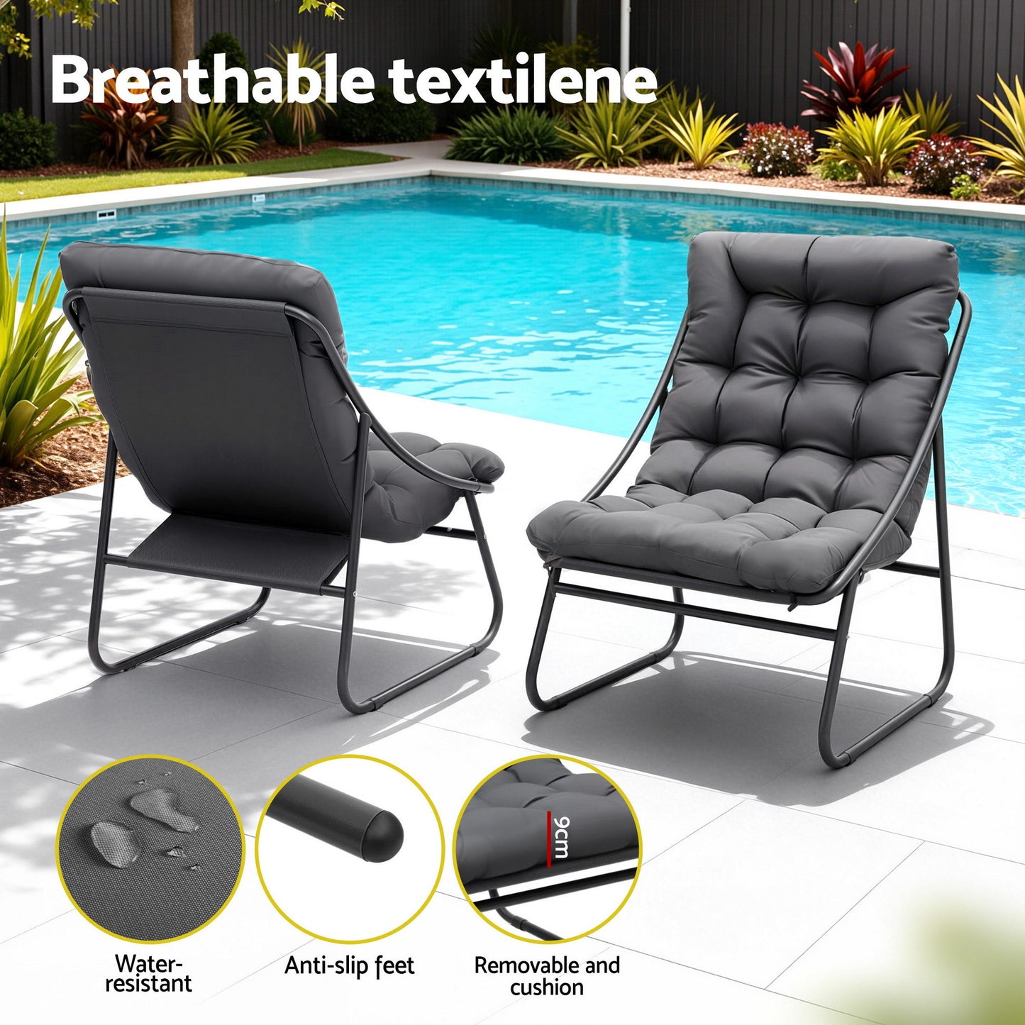 Bistro Set – Steel Frame with Tempered Glass Table and Cushioned Chairs