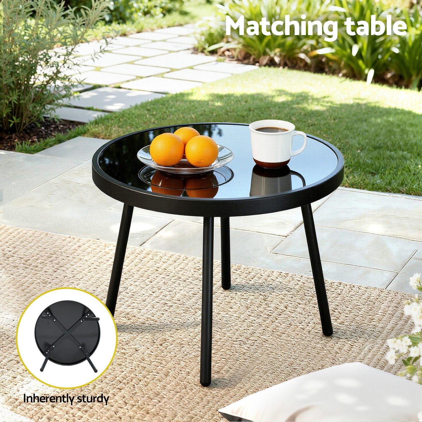 Bistro Set – Steel Frame with Tempered Glass Table and Cushioned Chairs