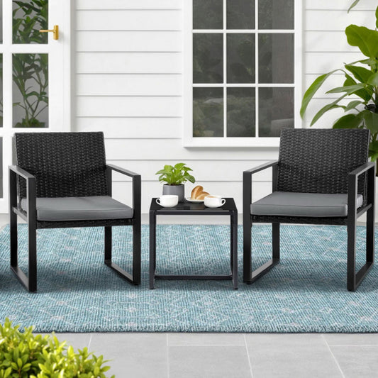 TWSC 3PC Outdoor Bistro Set Patio Furniture Wicker Dining Chairs Table Cushion Black