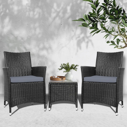TWSC 3PC Outdoor Bistro Set Patio Furniture Wicker Setting Chairs Table Cushion Black