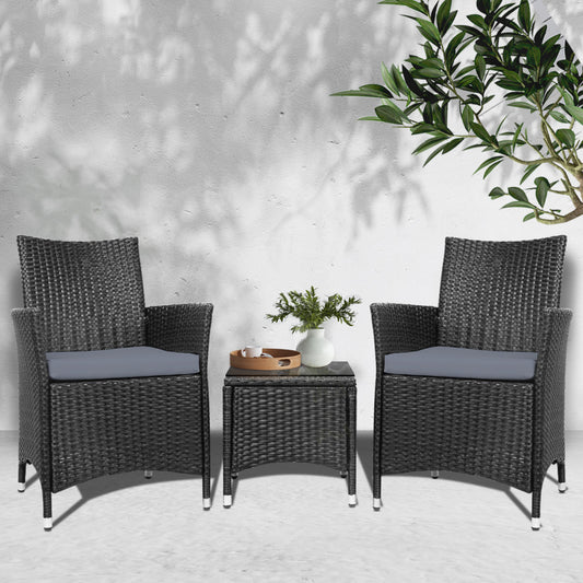 TWSC 3PC Outdoor Bistro Set Patio Furniture Wicker Chairs Table Cushion All Black