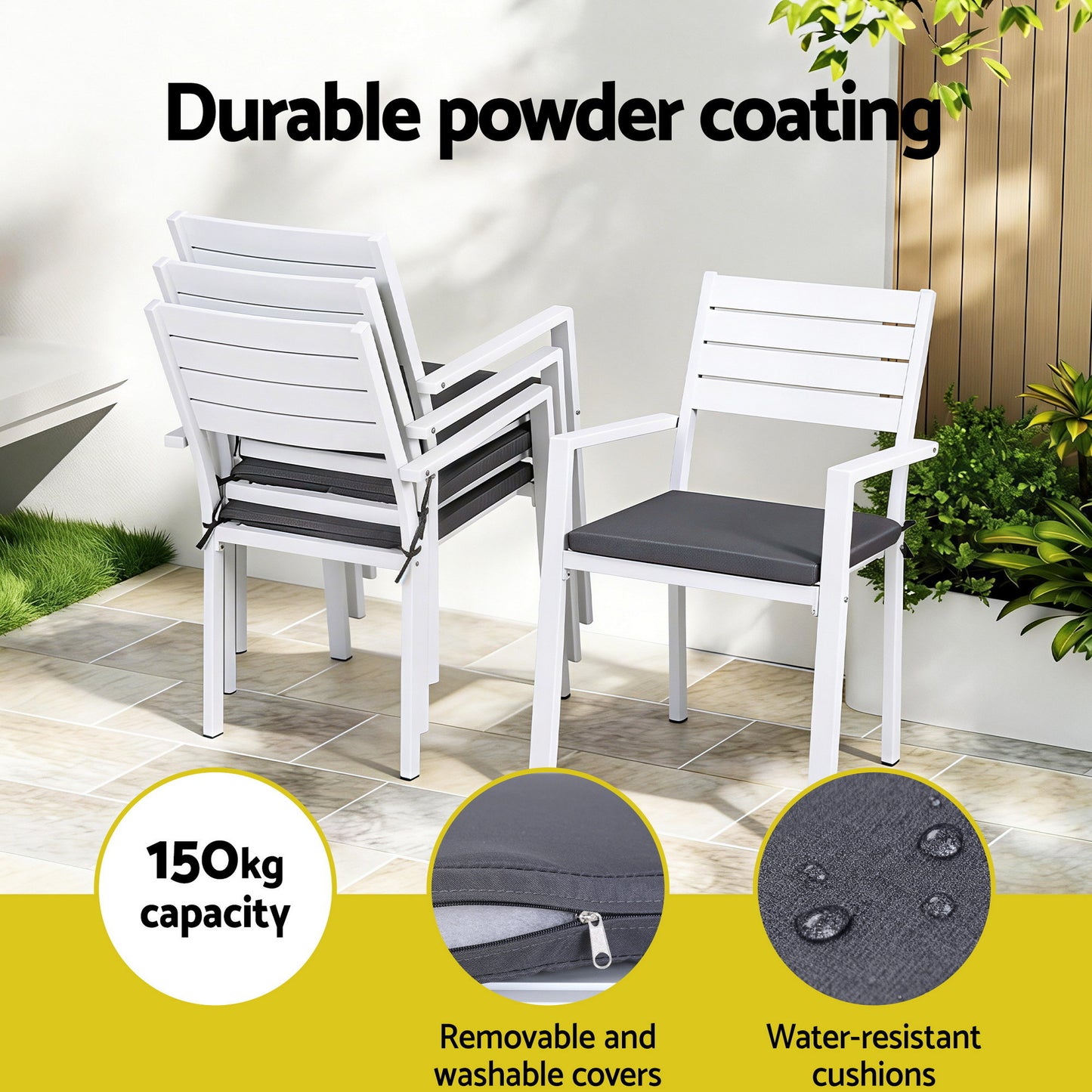 Outdoor Dining Chairs Set – Stackable Aluminum Patio Lounge, White, 4 Pieces
