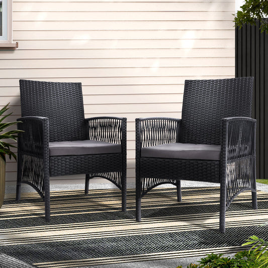 Set of two Gardeon Lyra outdoor dining chairs with weather-resistant wicker and grey cushions, perfect for patio seating.
