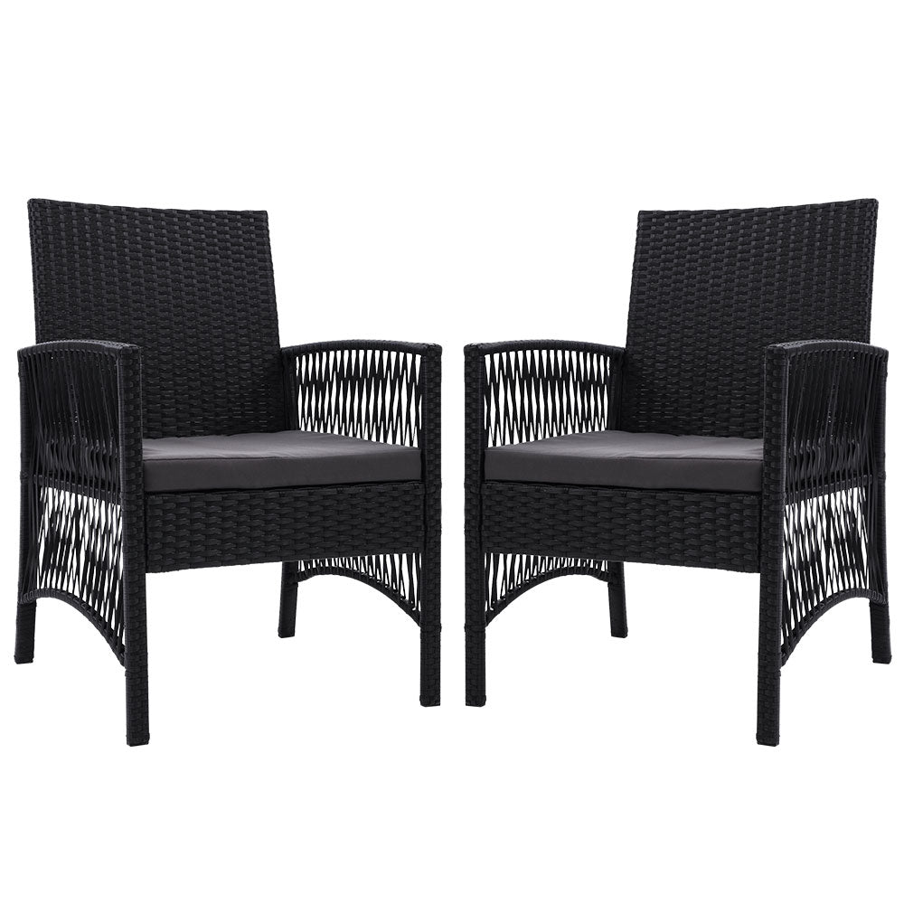 Set of two Gardeon Lyra outdoor dining chairs with weather-resistant wicker and grey cushions, ideal for outdoor dining spaces.