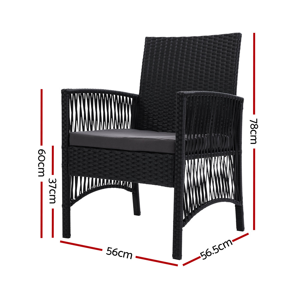 Pair of Gardeon Lyra outdoor dining chairs with weather-resistant wicker and grey cushions, set of two for patio seating.