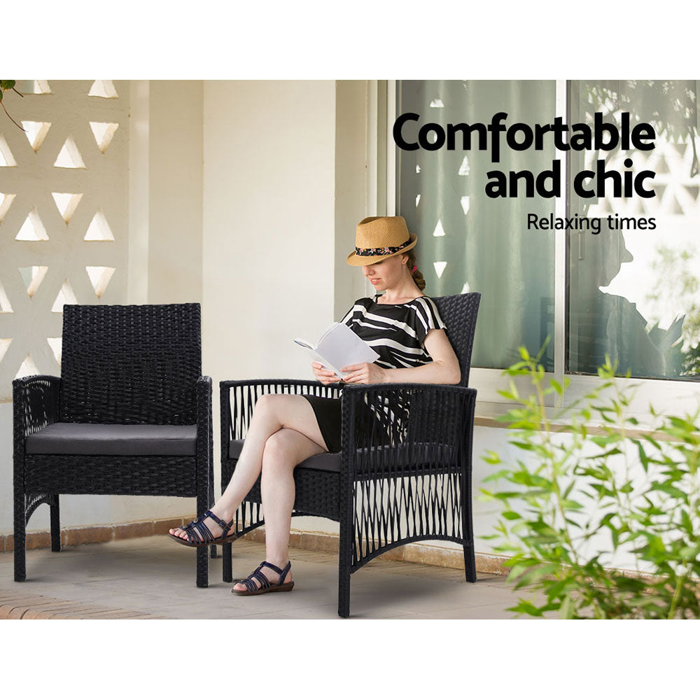 Set of 2 Gardeon Lyra outdoor dining chairs with weather-resistant wicker and grey cushions, ideal for patio seating.