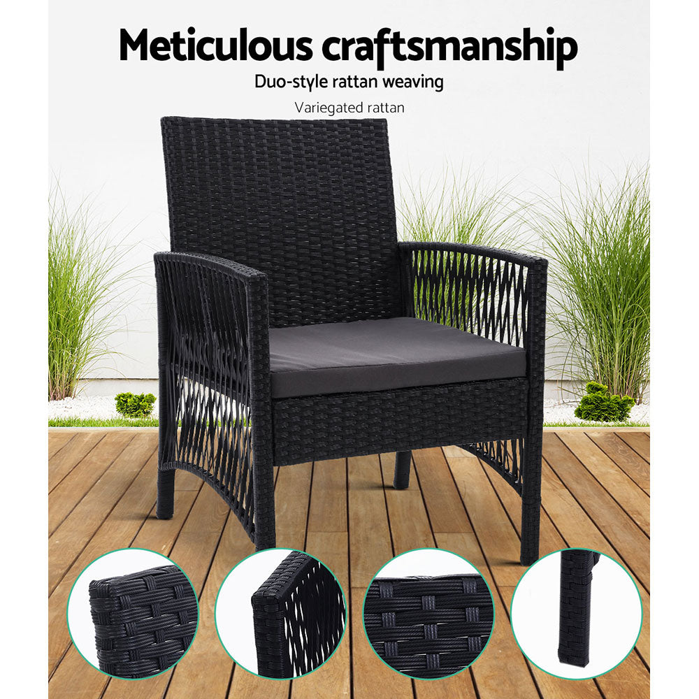Set of two Gardeon Lyra outdoor dining chairs with weather-resistant wicker and grey cushions for patio or garden use.