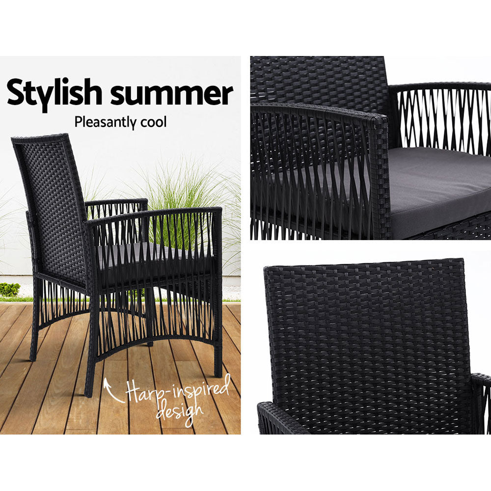 Set of 2 Gardeon Lyra outdoor dining chairs with weather-resistant wicker frames and grey cushions, suitable for patio dining.