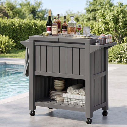TWSC Outdoor Storage Cabinet Box 80L Ice Bucket Cooler Rolling Serving Cart Kitchen Trolley Brown