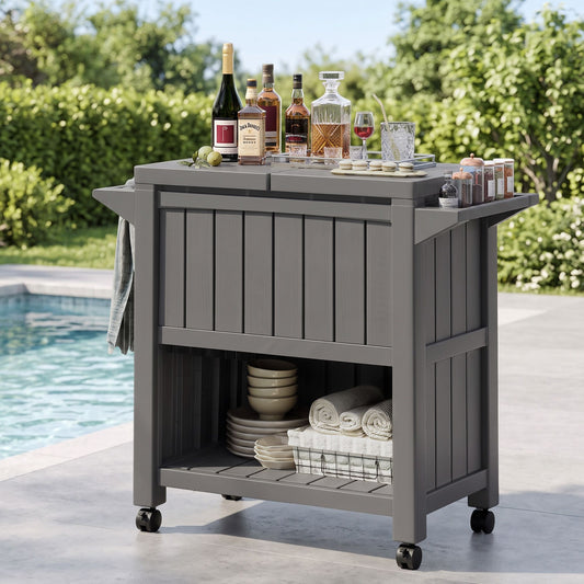 TWSC Outdoor Storage Cabinet Box 80L Ice Bucket Cooler Rolling Serving Cart Kitchen Trolley Brown