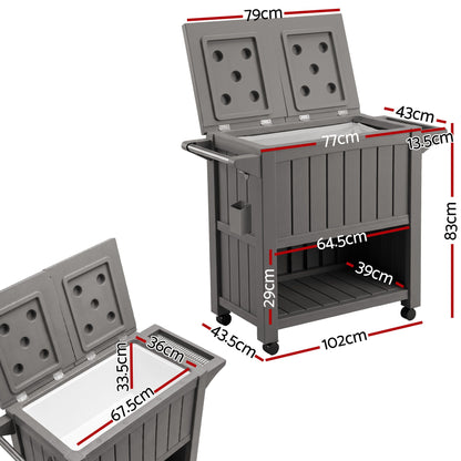 TWSC Outdoor Storage Cabinet Box 80L Ice Bucket Cooler Rolling Serving Cart Kitchen Trolley Brown