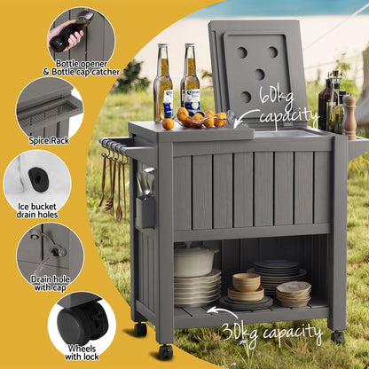 TWSC Outdoor Storage Cabinet Box 80L Ice Bucket Cooler Rolling Serving Cart Kitchen Trolley Brown