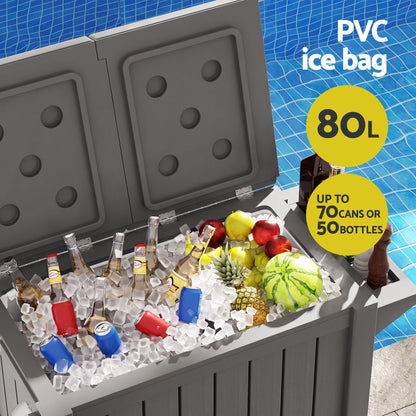 TWSC Outdoor Storage Cabinet Box 80L Ice Bucket Cooler Rolling Serving Cart Kitchen Trolley Brown