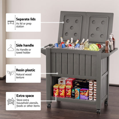 TWSC Outdoor Storage Cabinet Box 80L Ice Bucket Cooler Rolling Serving Cart Kitchen Trolley Brown