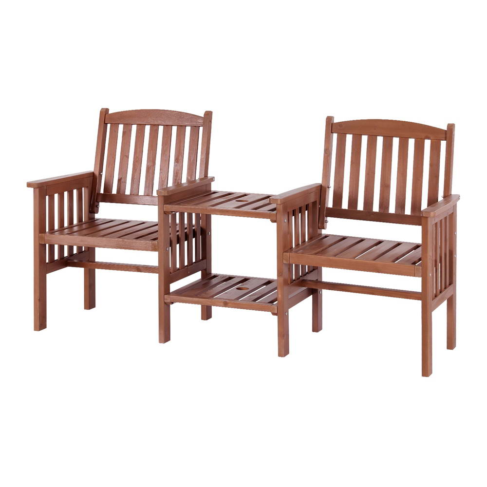 Outdoor Wooden Garden Bench Loveseat with Table – Brown Fir Wood