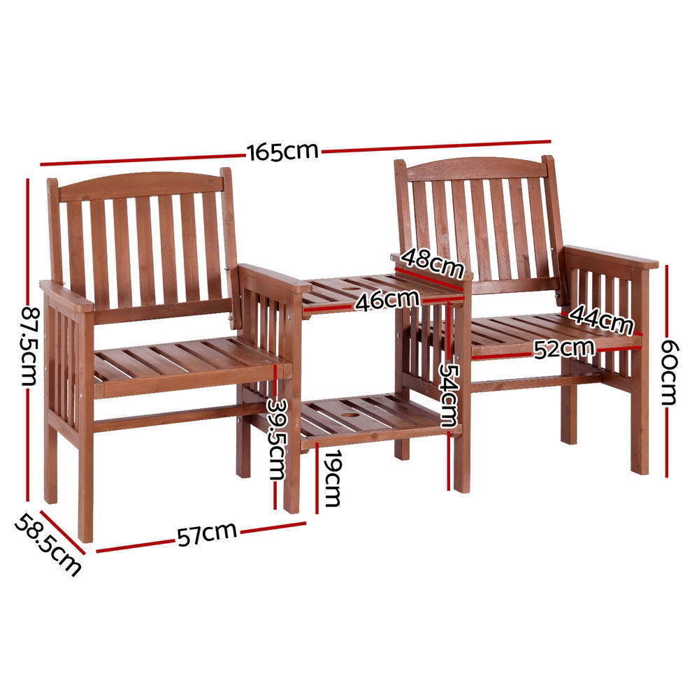 Outdoor Wooden Garden Bench Loveseat with Table – Brown Fir Wood