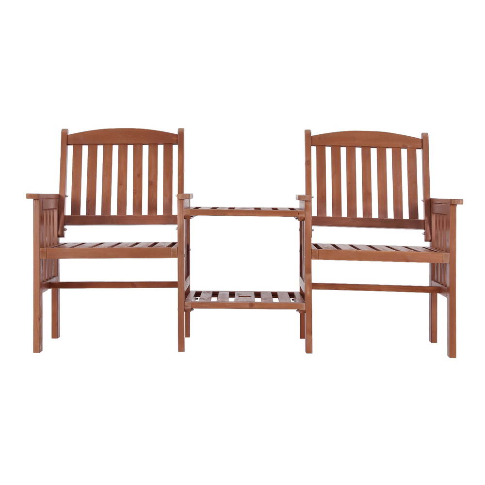 Outdoor Wooden Garden Bench Loveseat with Table – Brown Fir Wood