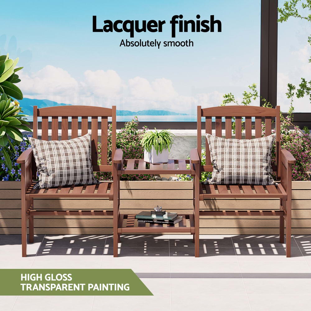 Outdoor Wooden Garden Bench Loveseat with Table – Brown Fir Wood