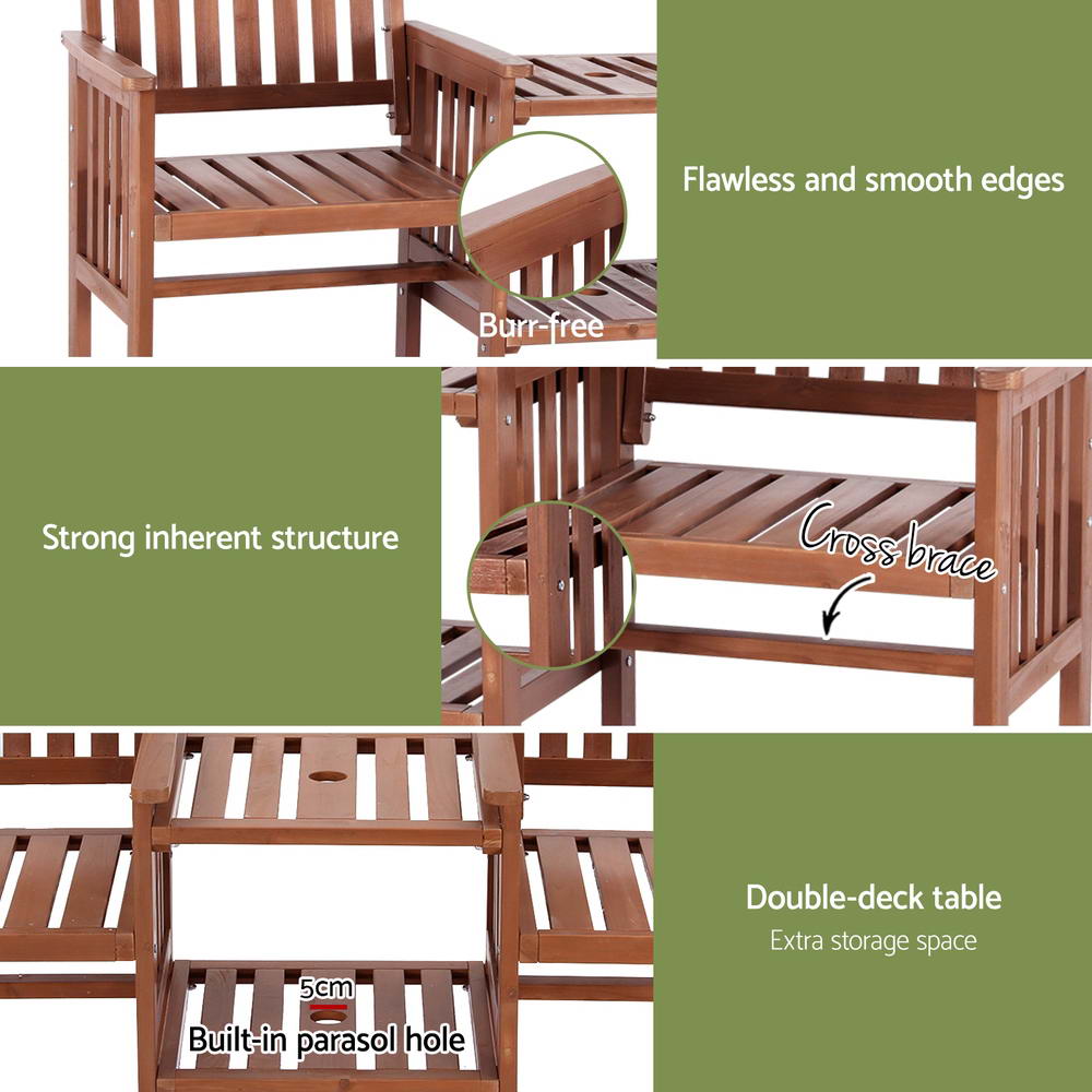 Outdoor Wooden Garden Bench Loveseat with Table – Brown Fir Wood