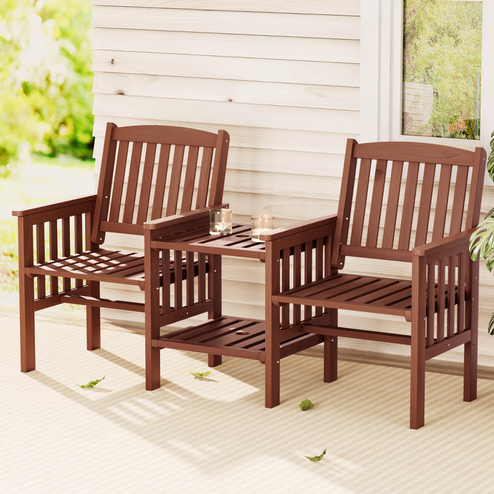 Outdoor Wooden Garden Bench Loveseat with Table – Brown Fir Wood