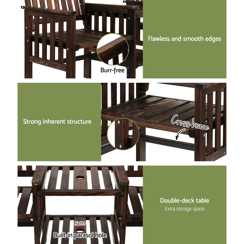 Outdoor Garden Loveseat Bench with Table – Charcoal Fir Wood Patio Furniture