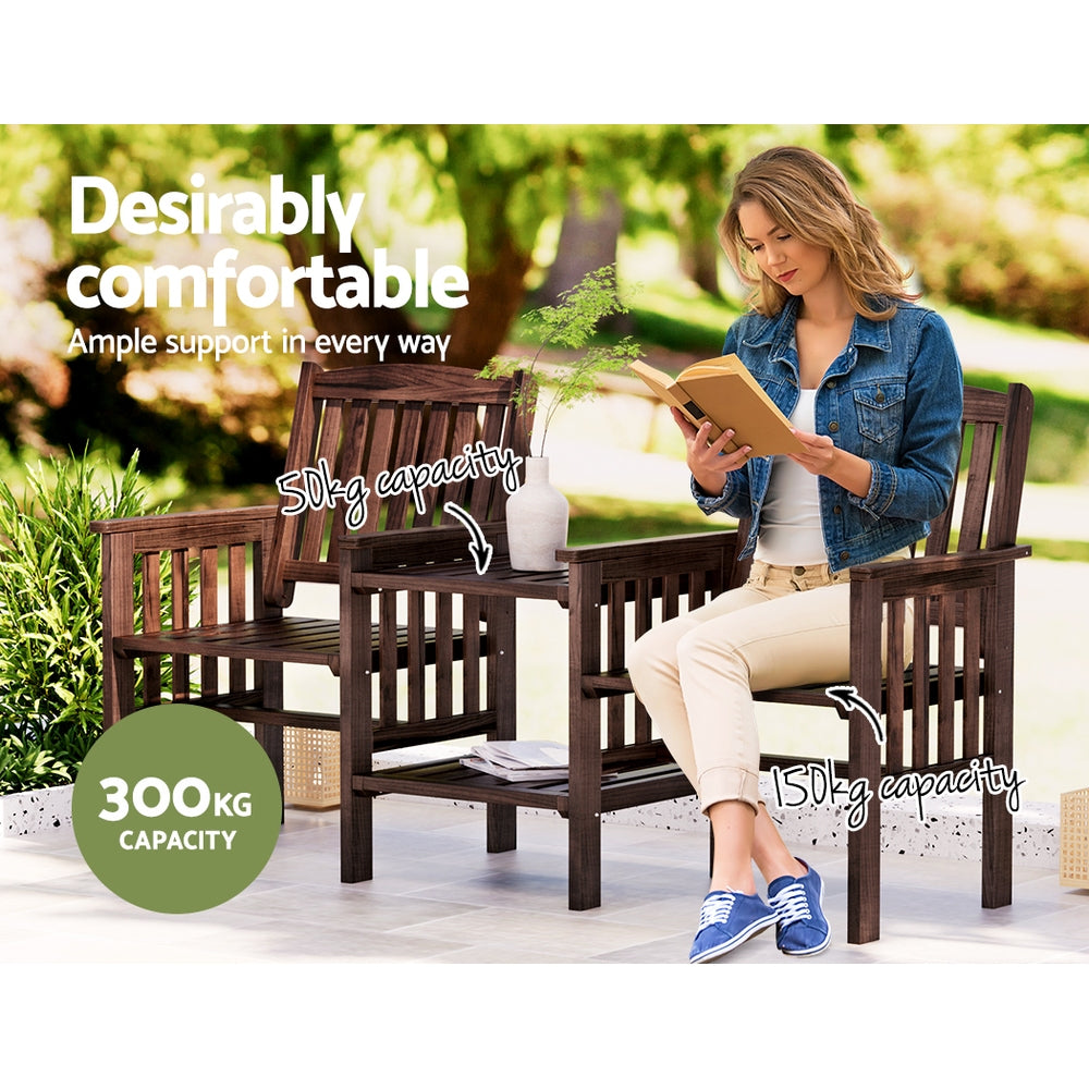 Outdoor Garden Loveseat Bench with Table – Charcoal Fir Wood Patio Furniture