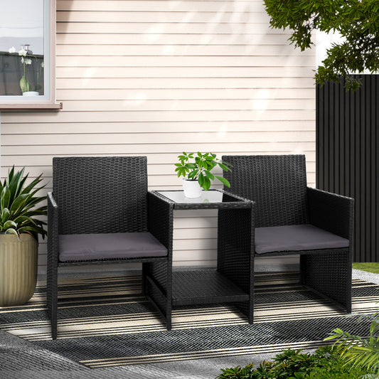 TWSC Outdoor Setting Wicker Loveseat Birstro Set Patio Garden Furniture Black