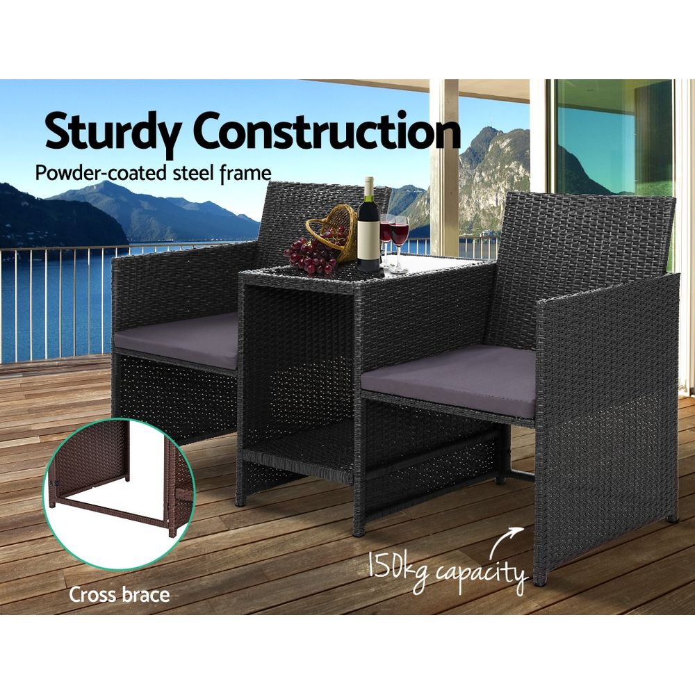 TWSC Outdoor Setting Wicker Loveseat Birstro Set Patio Garden Furniture Black