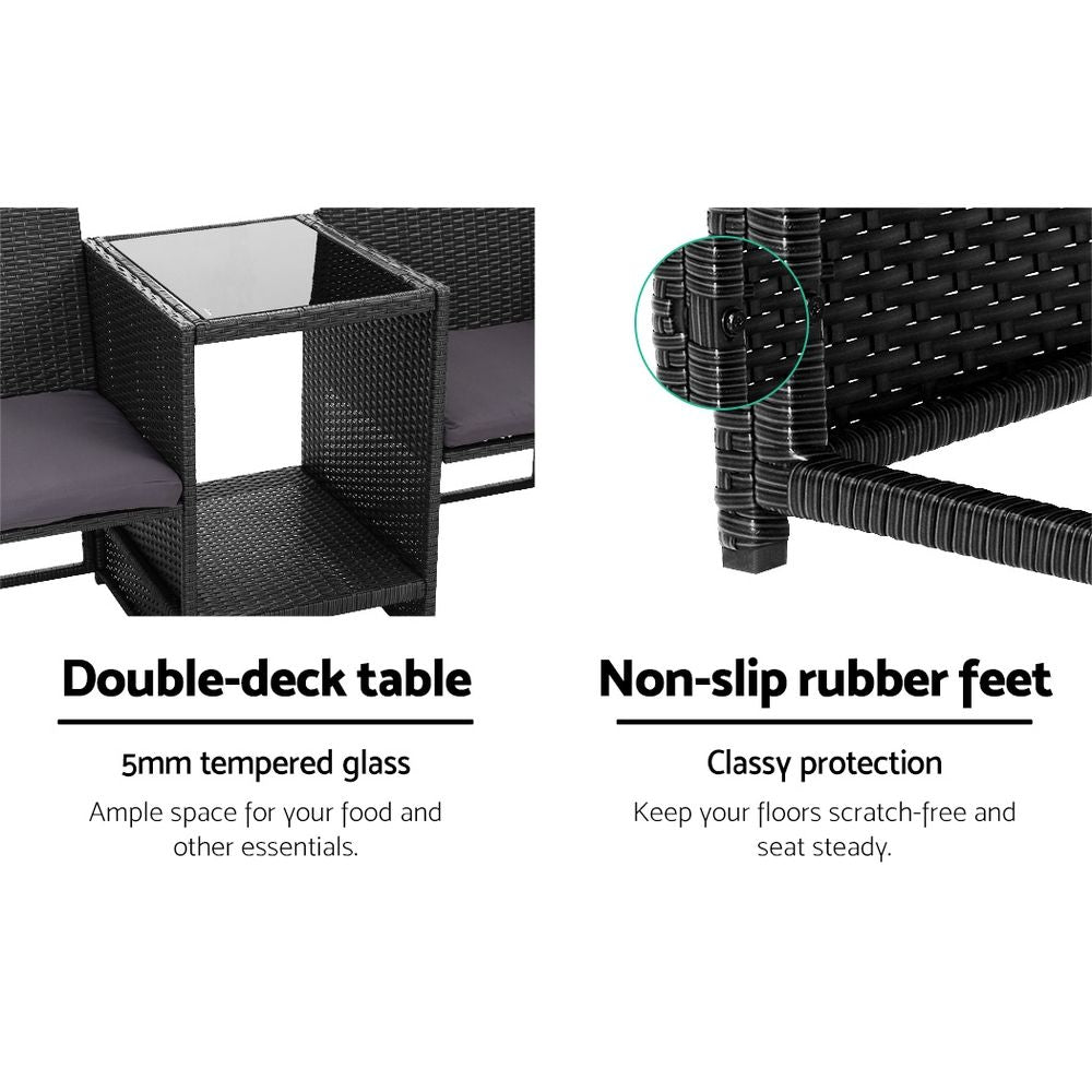 TWSC Outdoor Setting Wicker Loveseat Birstro Set Patio Garden Furniture Black