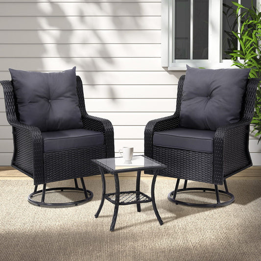 TWSC 3PC Outdoor Furniture Bistro Set Lounge Wicker Swivel Chairs Table Cushion Black