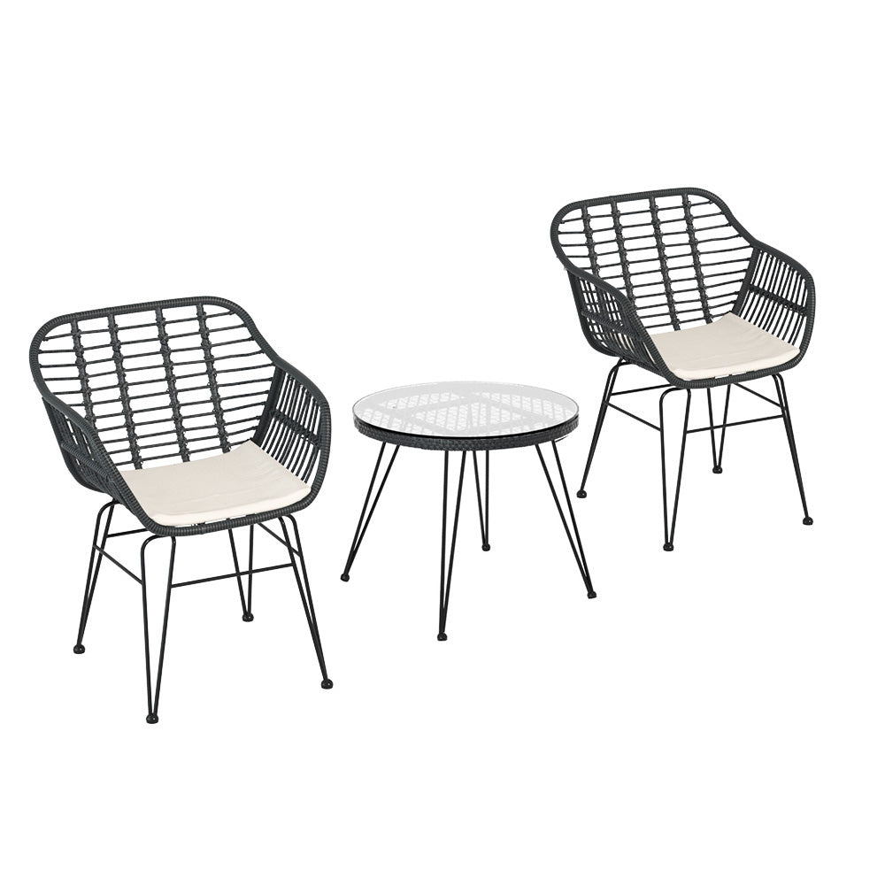 TWSC 3PC Outdoor Furniture Bistro Set Lounge Setting Table Chairs Cushion Patio Grey