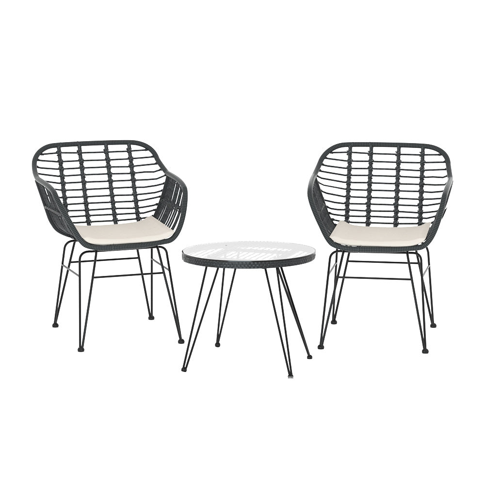 TWSC 3PC Outdoor Furniture Bistro Set Lounge Setting Table Chairs Cushion Patio Grey
