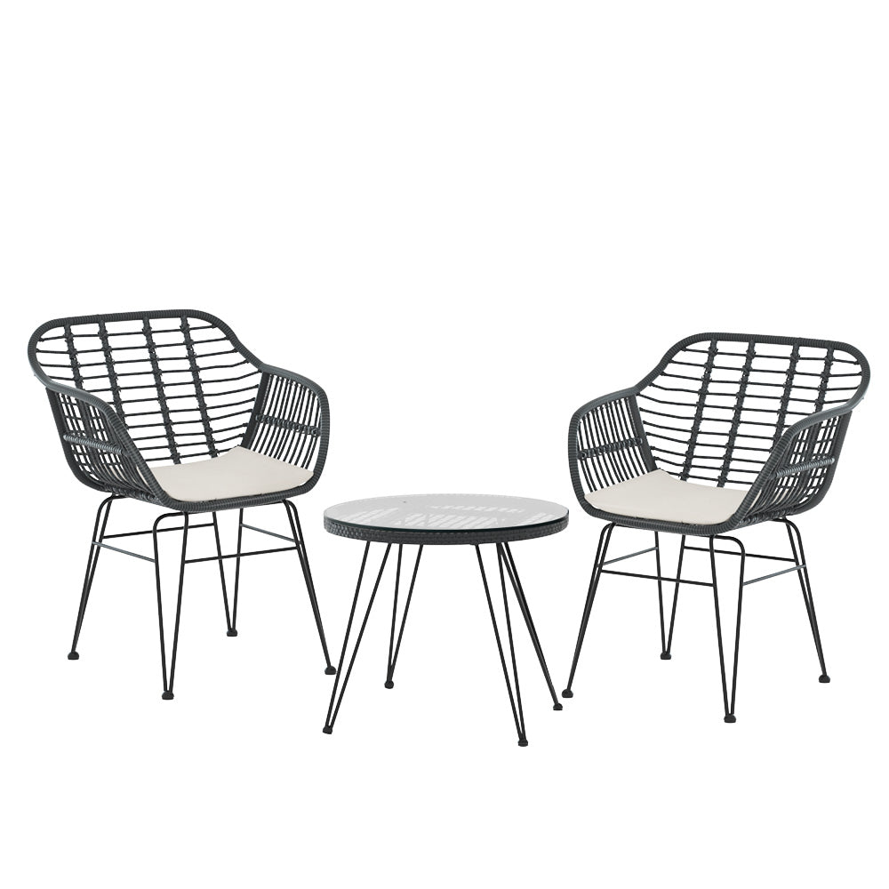 TWSC 3PC Outdoor Furniture Bistro Set Lounge Setting Table Chairs Cushion Patio Grey