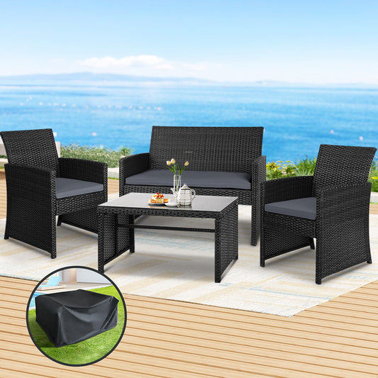 Black 4-piece outdoor rattan sofa set with storage cover by Gardeon, featuring cushioned seats and a modern outdoor furniture design.