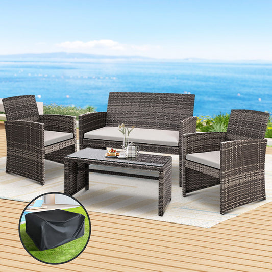 Gardeon 4-piece outdoor rattan sofa set with grey cushions and matching storage cover for patio lounging.