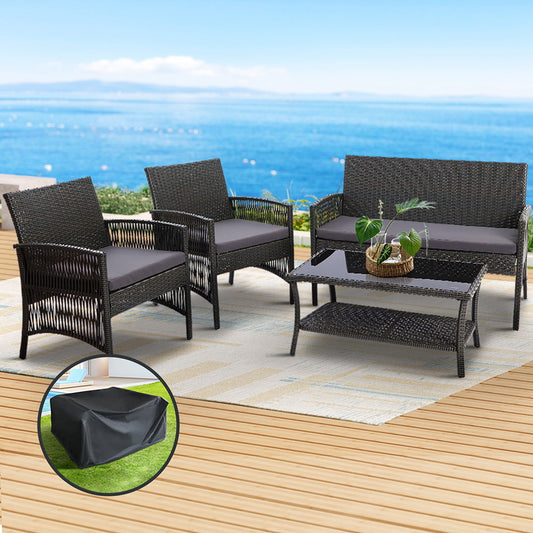 TWSC 4PCS Outdoor Sofa Set with Storage Cover Wicker Harp Chair Table Grey